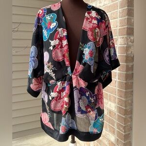 BISOU BISOU s16 sheer V-neck kimono top-Asian inspired floral-flowy-satin trim